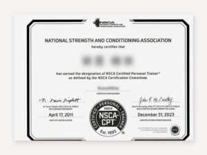NSCA-CPT(全米ストレングス&コンディショニング協会認定パーソナルトレーナー)の資格証の例