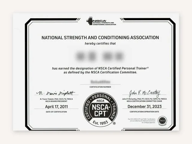 NSCA-CPT(全米ストレングス&コンディショニング協会認定パーソナルトレーナー)の資格証の例