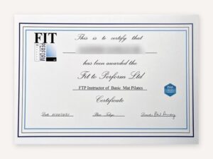 FTPピラティス(Fit to Perform)インストラクターの資格証の例